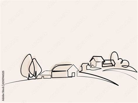 Continuous Line Drawing Landscape With Village On Hill Vector Color