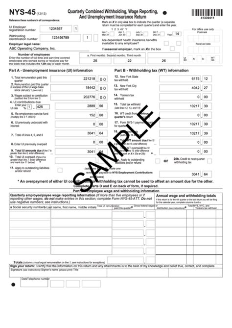 Fillable Nys 45 1213 Quarterly Combined Withholding Wage Reporting And Unemployment