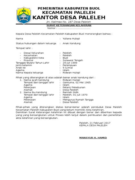 Detail Surat Keterangan Kelahiran Dari Desa Koleksi Nomer