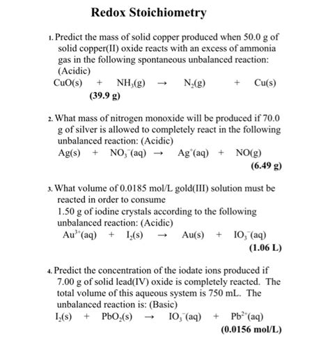 Solved Redox Stoichiometry 1 Predict The Mass Of Solid Chegg