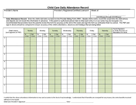 Day Care Attendance Sheet Template