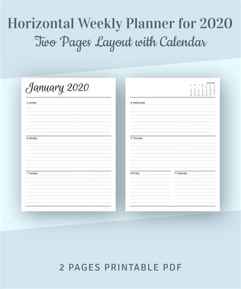 Horizontal Weekly Planner Printable 2020 2021 Diary Two Etsy