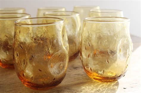 Mid Century Mod Vintage Textured Amber Glass Roly Poly Glasses Pinch Shape Thumbprint Tumblers