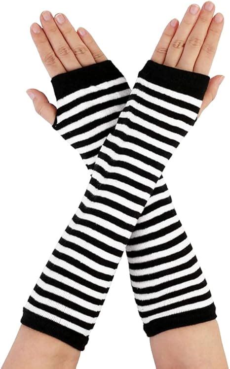 White Black Stripe Print Stretch Fingerless Gloves Knitted Fingerless