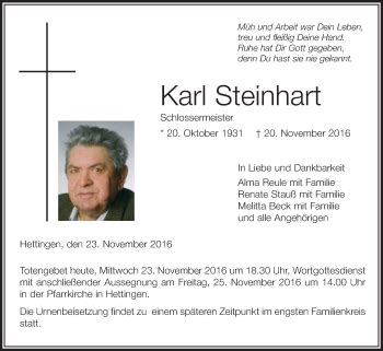 Traueranzeigen Von Karl Steinhart Schwaebische De Trauerportal