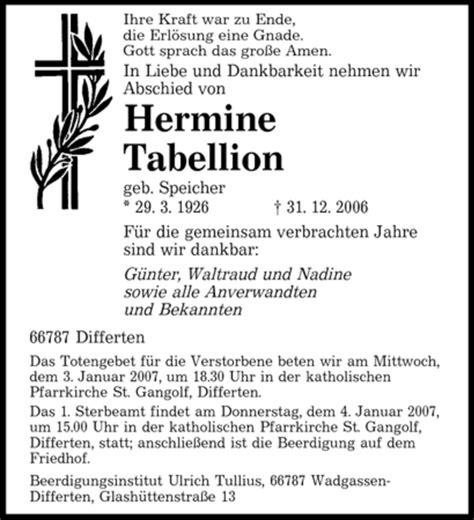 Traueranzeigen Von Hermine Tabellion Saarbruecker Zeitung Trauer De