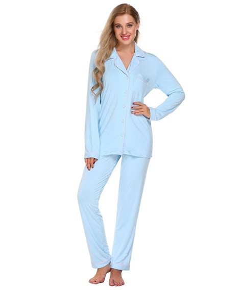 Womens Cotton Pajamas Long Sleeve Button Down Pj Set Sleepwear