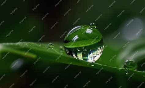 Premium AI Image | A water drop on a leaf with a building in the background.