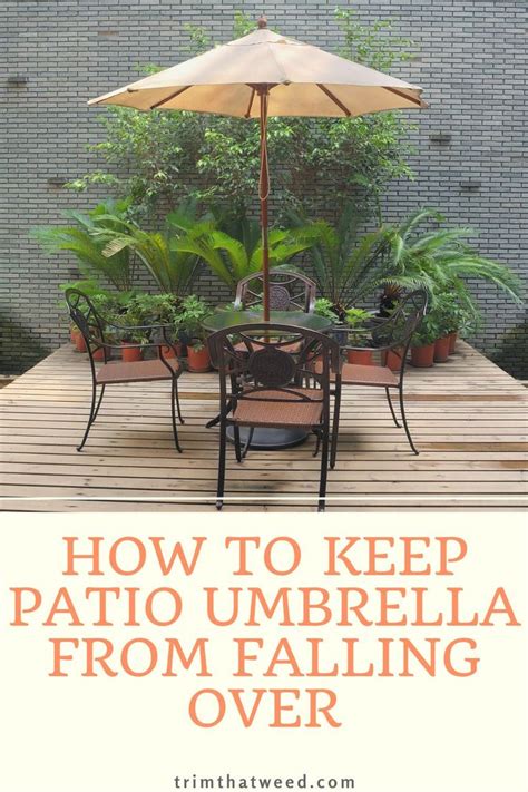 An Umbrella Sitting On Top Of A Wooden Deck Next To Potted Plants And Trees