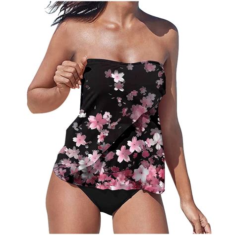 Womens Strapless Bandeau Tankini Swimsuit Removable Straps Blouson Top With Bikini Bottom Summer