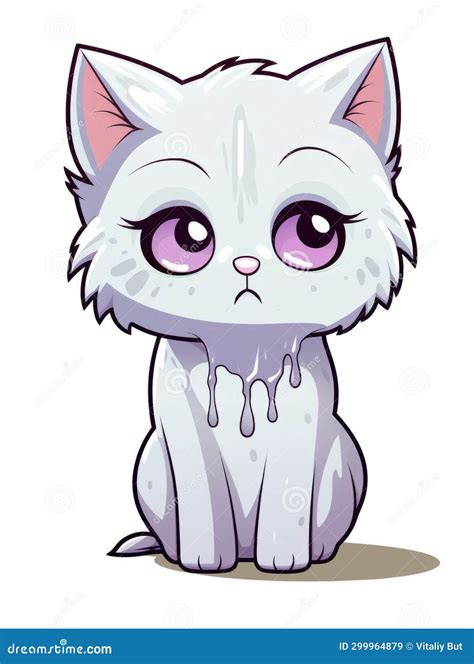 Cartoon Sticker White Sad Kitten On White Background Isolated Ai Stock