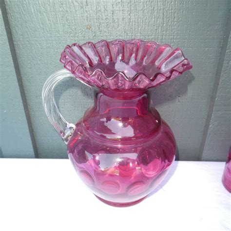 Lot Vintage Fenton Cranberry Coin Dot Pitcher W Drinking