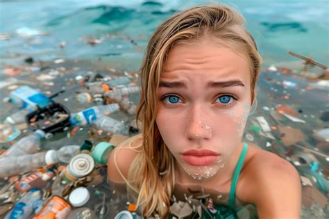 Mujer Nada Bajo El Agua En La Basura Y La Basura Pl Stica Del Oc Ano