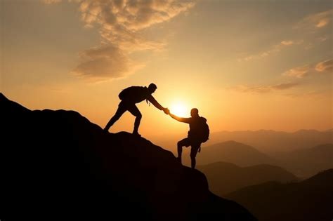 El Hombre Está Dando Ayuda Siluetas De Personas Escalando En La Montaña