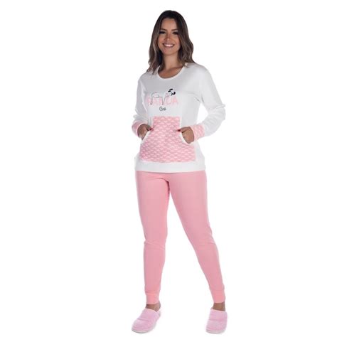 Pijama Feminino Fechado Bolso Canguru Blusa Manga Longa Estampada E