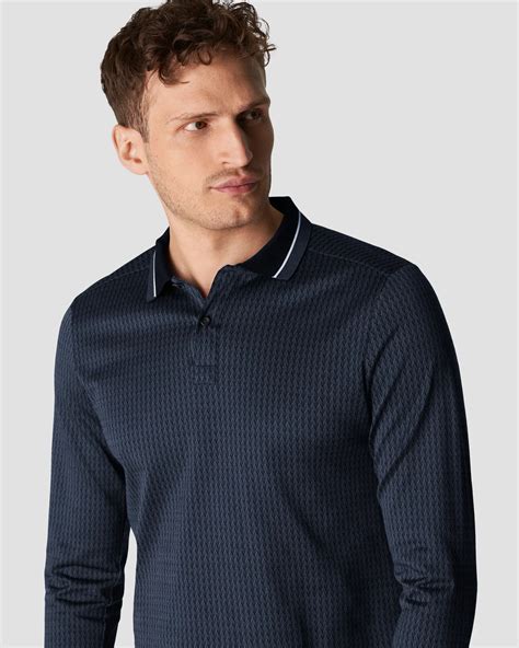 Navy Filo Di Scozia Jacquard Polo Shirt Long Sleeve Eton