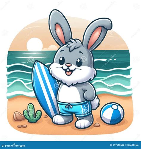 Cartoon Happy Rabbit Playing On The Beach Carrying A Surfboard And