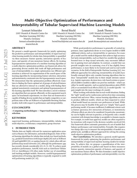 Multi Objective Optimization Of Performance And Interpretability Of Tabular Supervised Machine