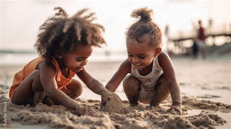 Two Adorable Black Children Playing At The Beach Ethnic Diverse