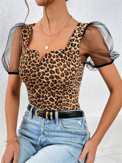 Shein Priv Camiseta Con Estampado De Leopardo De Malla En Contraste De