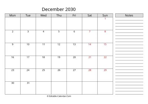 Download December 2030 Calendar With Notes, Monday Start