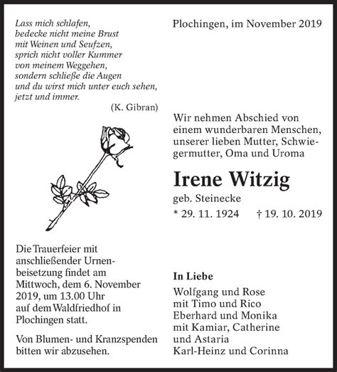 Traueranzeigen Von Irene Witzig Zeit Des Gedenkens De