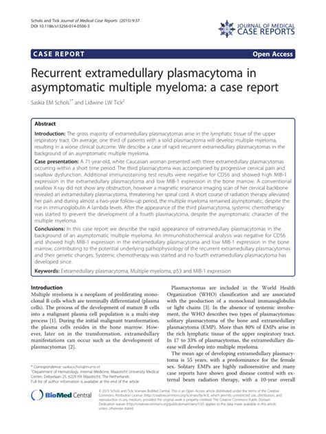 Pdf Recurrent Extramedullary Plasmacytoma In Asymptomatic Multiple Myeloma A Case Report