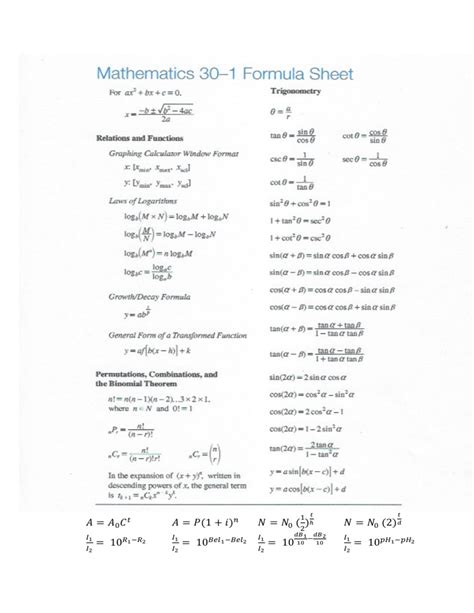 Math 101 Formula Sheet 2