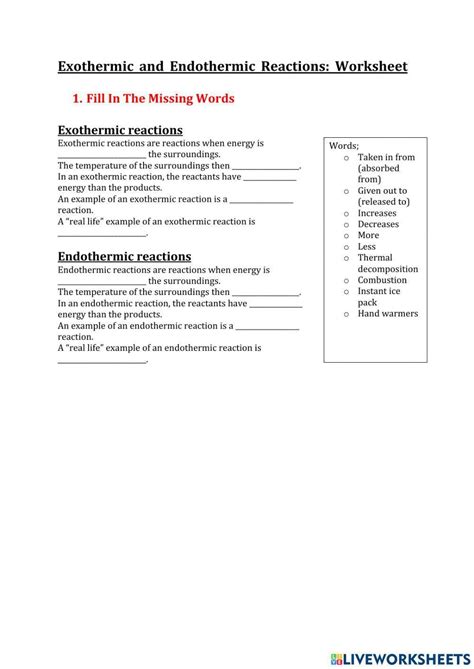 Year 9 Unit 6 Exothermic And Endothermic Reaction Worksheet Live Worksheets Library