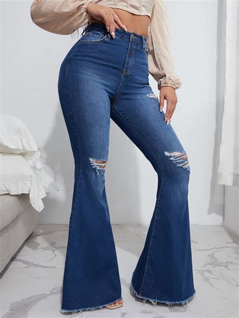 Shein Sxy High Waist Ripped Raw Hem Flare Leg Jeans Shein Usa