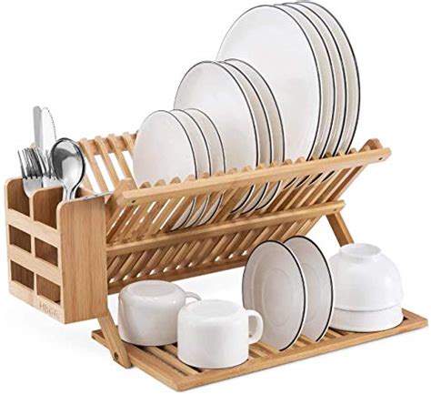 HBlife Bamboo Dish Drying Rack With Utensils Flatware Holder Set Large