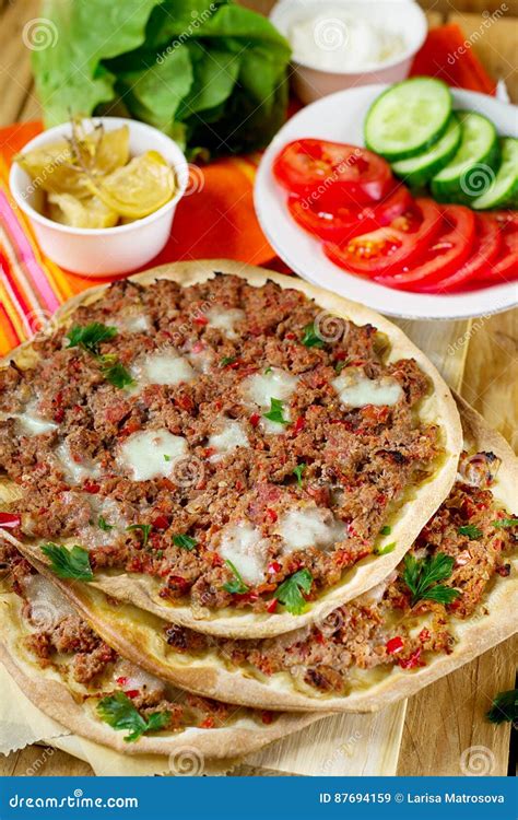 Turkish Pizza Lahmajoun Lahmacun With Ground Beef Stock Image Image