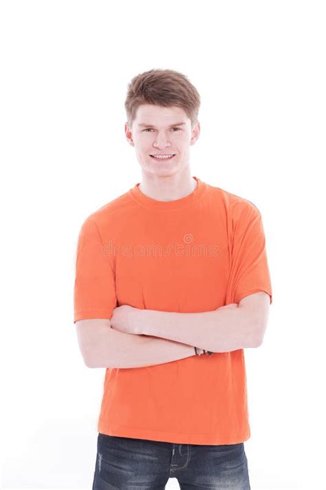 Smiling Modern Guy In An Orange Shirt Stock Image Image Of Isolated