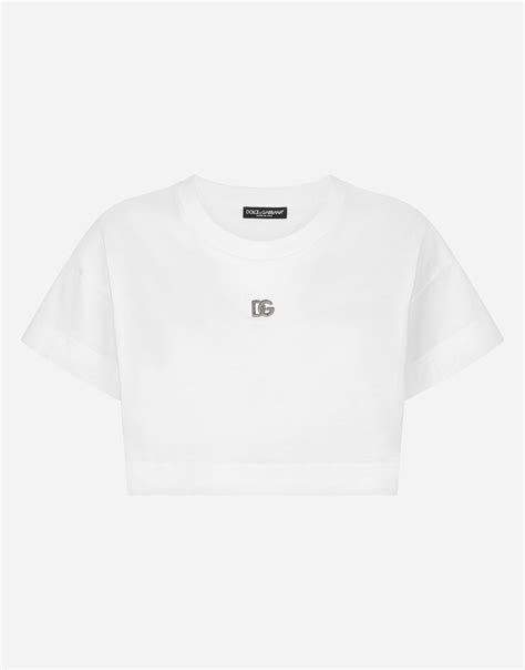 Cropped Jersey T Shirt With Dg Logo In White For Women Dolceandgabbana® Us