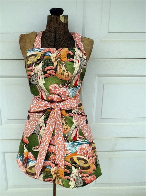 Womans Apron Reversible Full Apron In Peach And Japanese Print Etsy