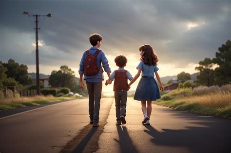 Um Menino E Uma Menina Caminhando Pela Estrada De M Os Dadas Foto Premium