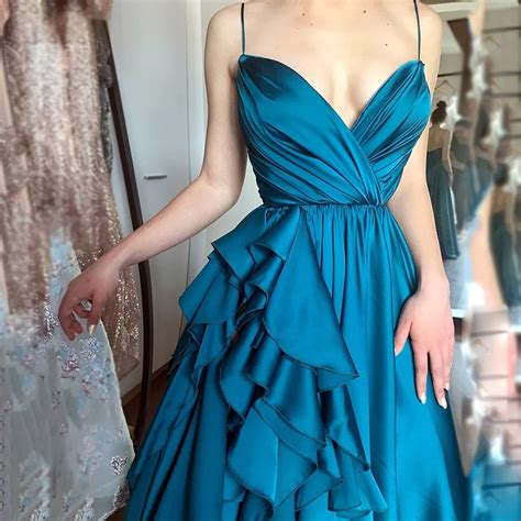 Elegant Turquoise V Neck Satin Ruffles Prom Dress Hot Sale Spagetti