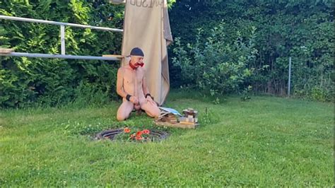 Naked Slave Pig Exposed Prepare Campfire For Outdoor Party Broil My