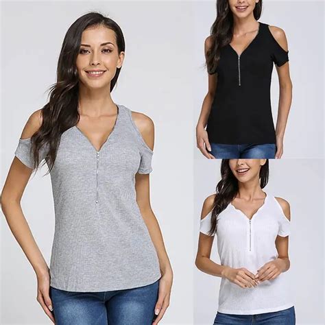 2020 Celmia Fashion Sexy Cold Shoulder Tops Women Shirts Low Cut V Neck