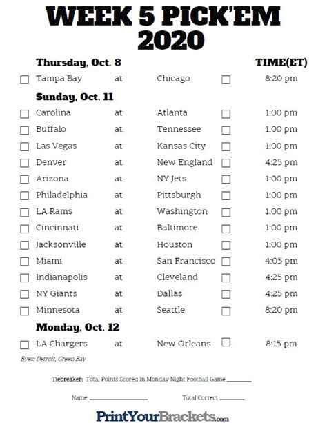 Printable NFL Week 5 Schedule Pick em Pool 2020 | Printable nfl ...