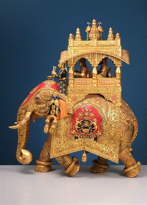 40" Large Wooden Elephant with Embossed Ambari | Exotic India Art