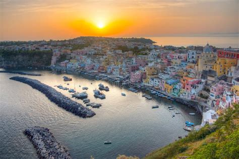 Sunset View Of Marina Di Corricella At Italian Island Procida Stock