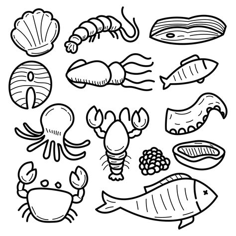 Set Of Seafood Doodle Illustrations With Cute Design Isolated On White