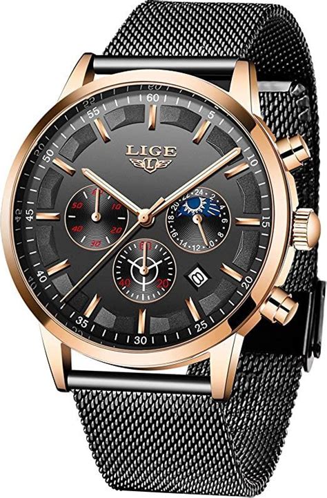 Lige Hommes Montres Mode Noir Acier Inoxydable Imperm Able Chronographe