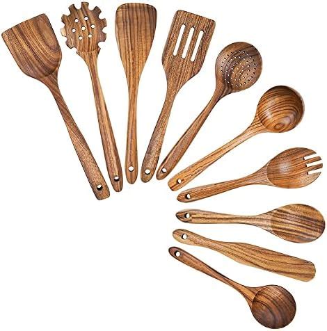 Yeruvce Wooden Cooking Utensils Kitchen Utensils Set With Holder Teak