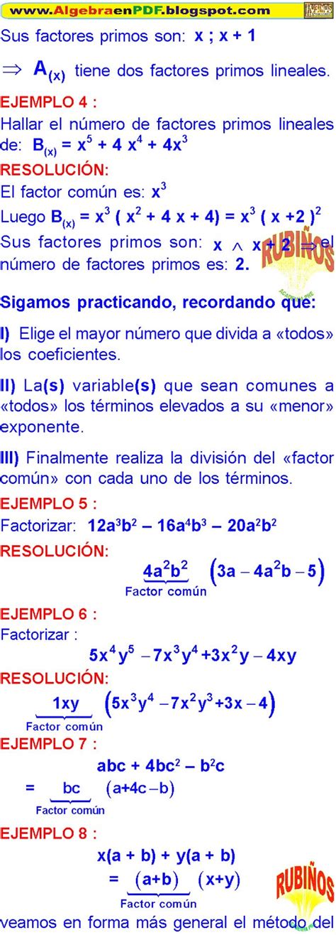 FACTORIZACION POR EL METODO DEL FACTOR COMUN EJEMPLOS Y EJERCICIOS