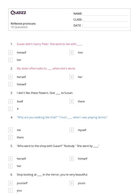 50 Reflexive Pronouns Worksheets For 1st Class On Quizizz Free