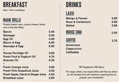 Menu at Dishoom restaurant, London, 22 Kingly St