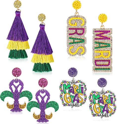 Quelay 4 Pairs Mardi Gras Earrings Beaded Mask Letter Mardi