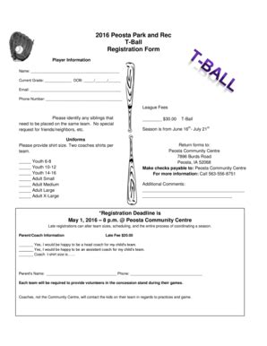 Fillable Online 2016 Peosta Park And Rec T Ball Registration Form